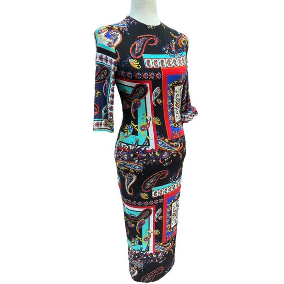 Alice + Olivia Delora Paisley Bodycon Dress Size 6 Colorful Midi Stretch Classic - Picture 10 of 16